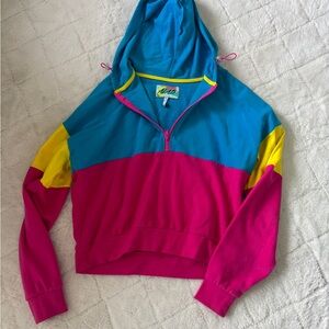 ALAB Colorblock Hooded Pullover Quarter Zip - Blue, Pink & Yellow